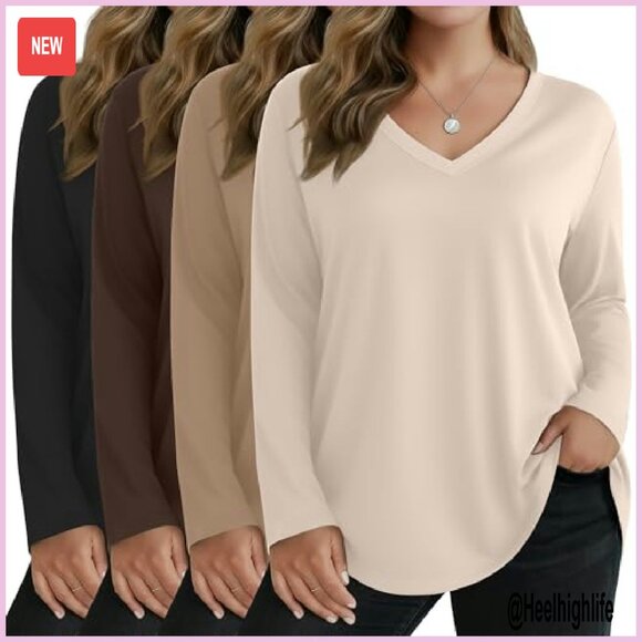 Plus Size Long Sleeve V-Neck Tunic Tops 4 Pack Loose Fit Fall Clothes - Picture 2 of 7